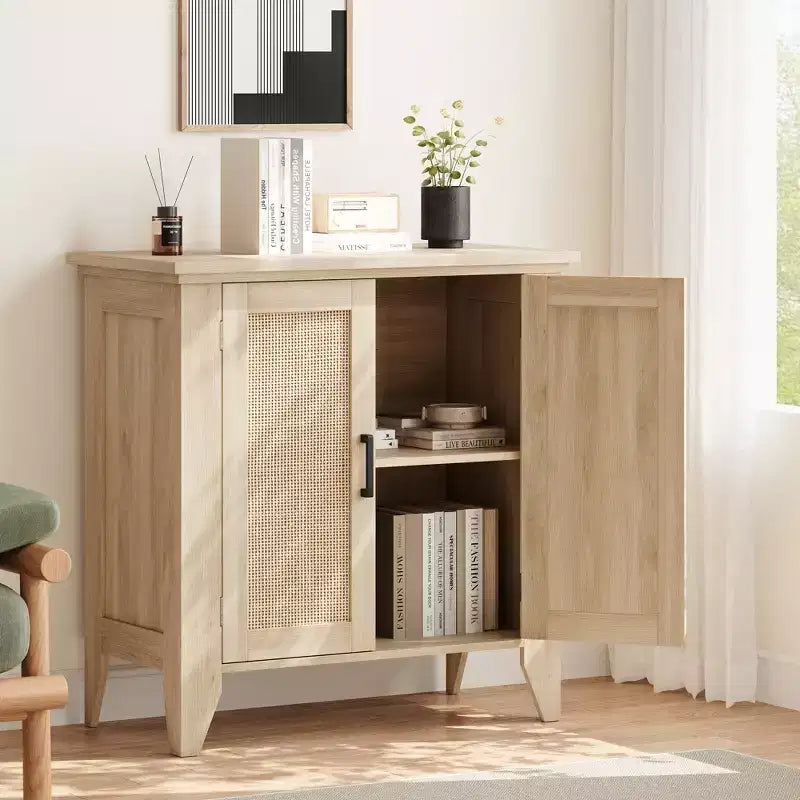 Rattan sideboard. storage cabinet with 2 rattan doors and hard wood legs. wooden kitchen cabinet with worktop