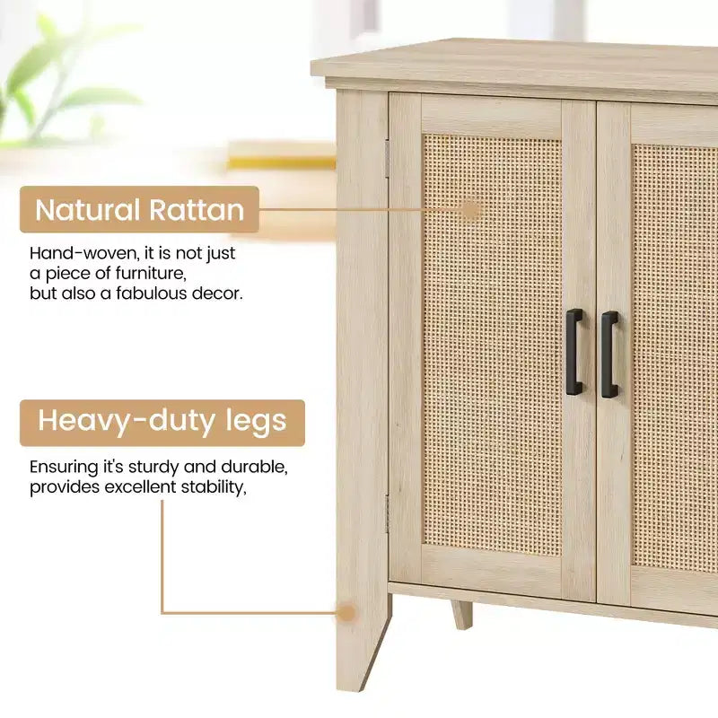 Bahut en rotin avec 2 portes et étagère réglable – Pieds en bois massif, 76x40x80cm, capacité de 95 kg