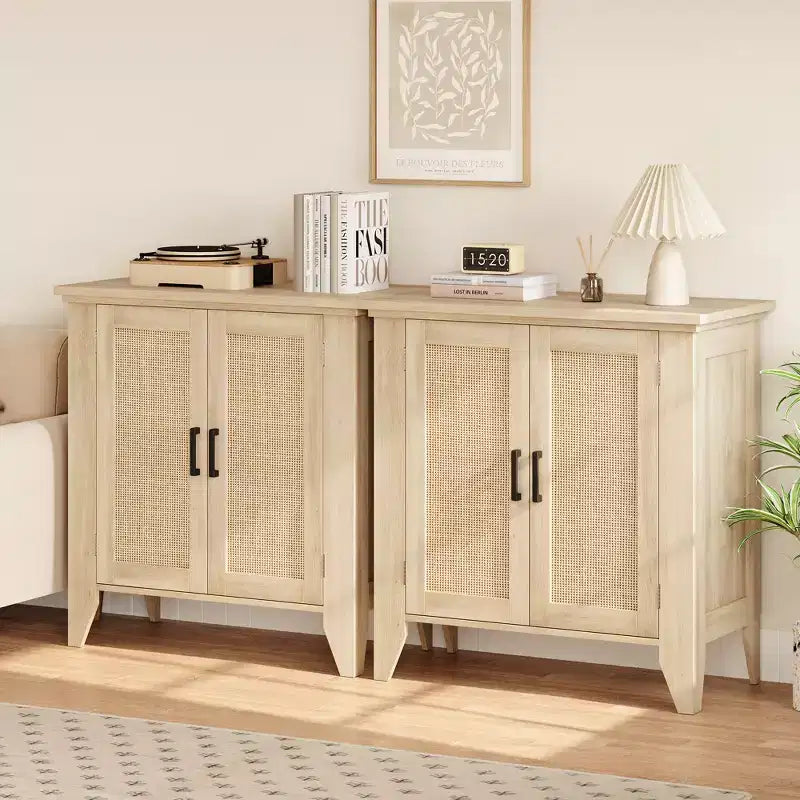 Bahut en rotin avec 2 portes et étagère réglable – Pieds en bois massif, 76x40x80cm, capacité de 95 kg
