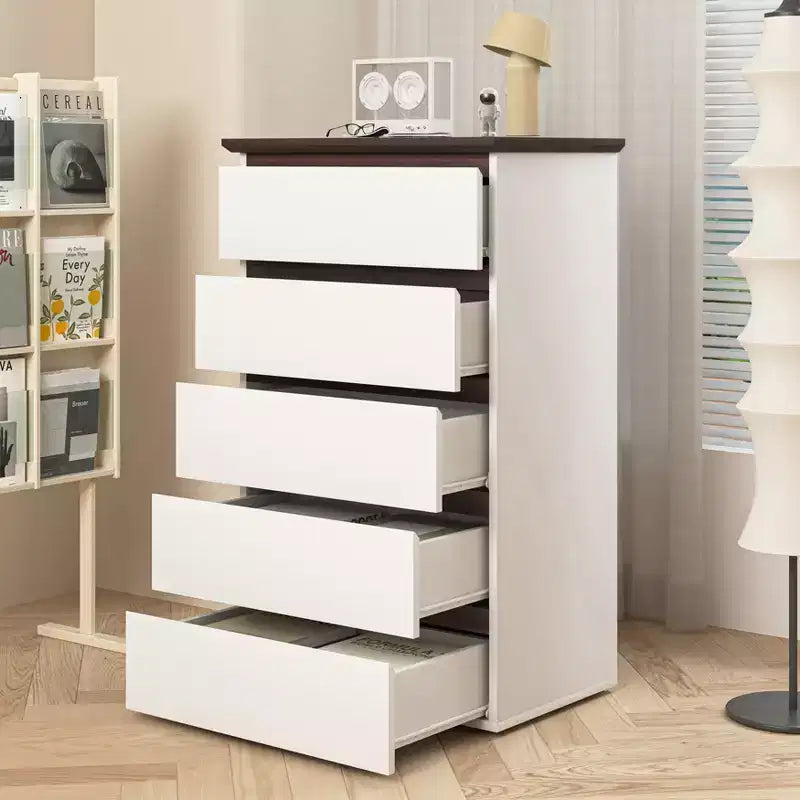 Commode 5 tiroirs – 23,62" L x 39,37" H, blanc et noyer, panneaux de particules, rails de tiroirs en métal