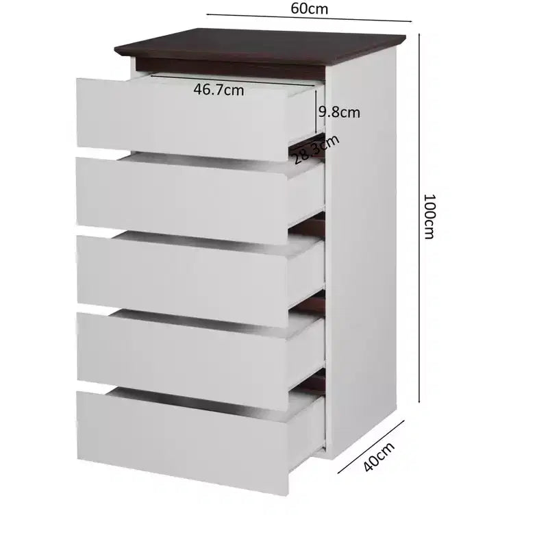 Commode 5 tiroirs – 23,62" L x 39,37" H, blanc et noyer, panneaux de particules, rails de tiroirs en métal