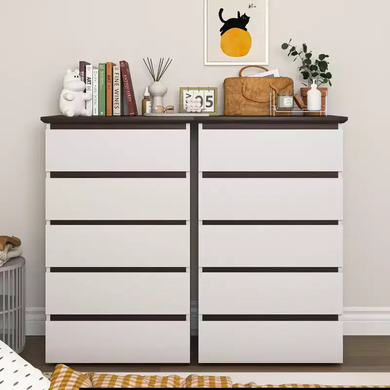 Commode 5 tiroirs – 23,62" L x 39,37" H, blanc et noyer, panneaux de particules, rails de tiroirs en métal