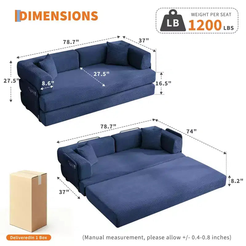 Canapé-lit convertible 5 en 1 – Lit de sol en velours côtelé de 78,8 po avec accoudoirs, dossier et oreillers réglables
