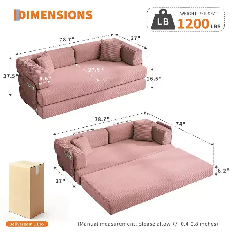 Canapé-lit convertible 5 en 1 – Lit de sol en velours côtelé de 78,8 po avec accoudoirs, dossier et oreillers réglables