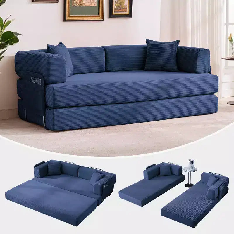 Multi-Functional Convertible Sofa Bed - 78.8'' 5-in-1 Corduroy Floor Sleeper with Adjustable Armrest & Backrest, Space-Saving Design with Pillows