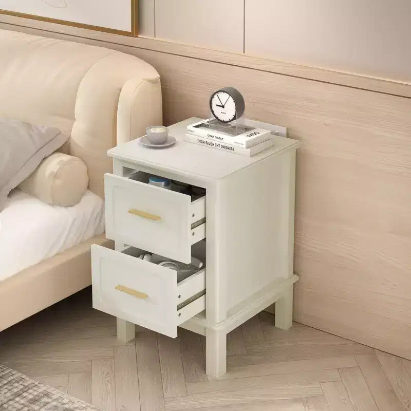 Table de chevet 2 tiroirs avec poignées dorées – MDF blanc brillant, 58,4 cm H x 40 cm L, capacité 45 kg