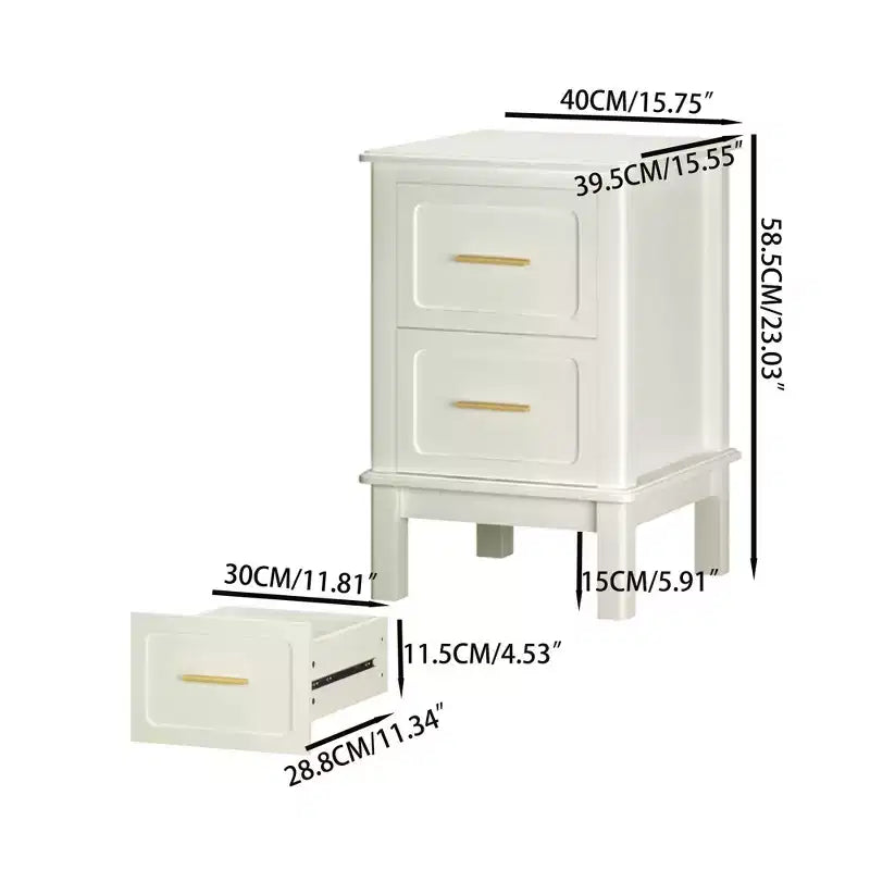 Table de chevet 2 tiroirs avec poignées dorées – MDF blanc brillant, 58,4 cm H x 40 cm L, capacité 45 kg