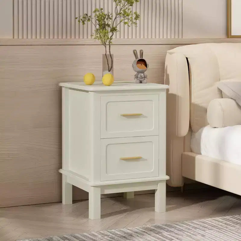 Table de chevet 2 tiroirs avec poignées dorées – MDF blanc brillant, 58,4 cm H x 40 cm L, capacité 45 kg