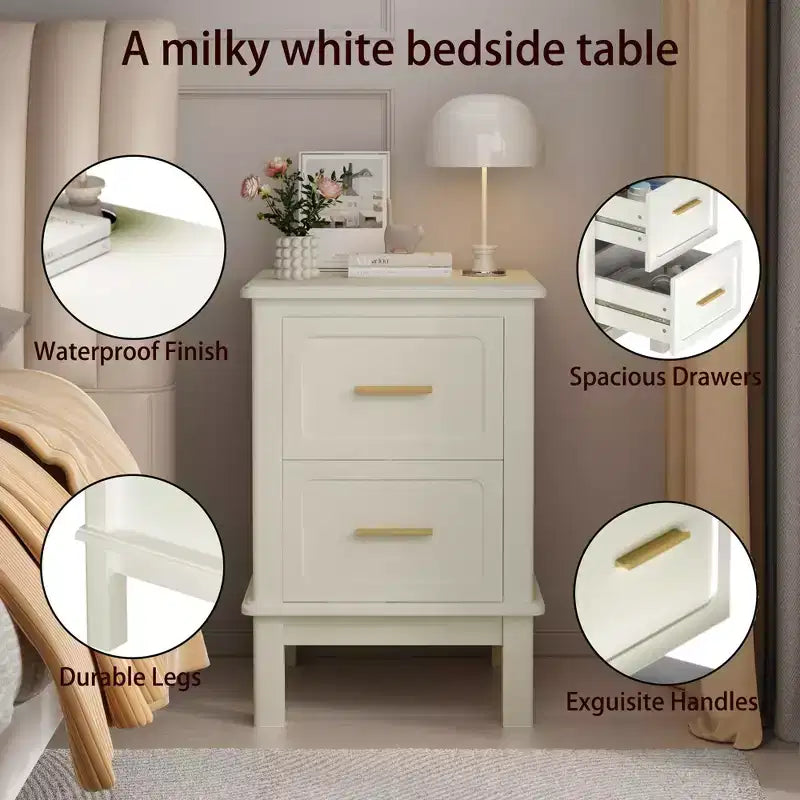 Table de chevet 2 tiroirs avec poignées dorées – MDF blanc brillant, 58,4 cm H x 40 cm L, capacité 45 kg