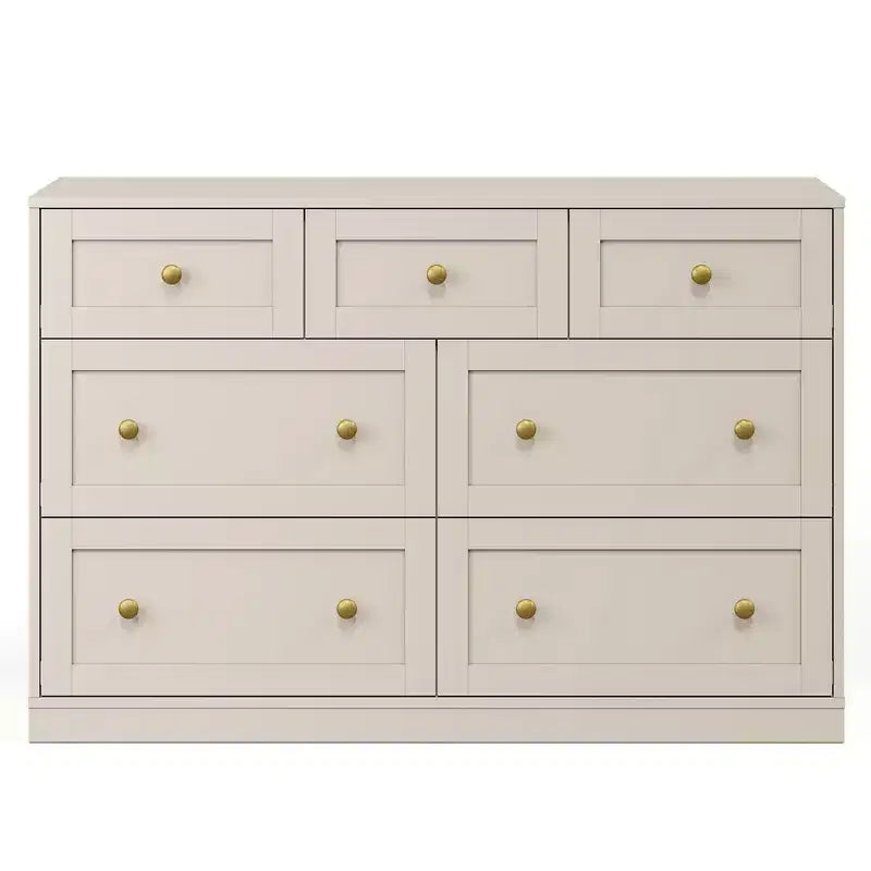 Commode à 7 tiroirs avec poignées dorées – 119 cm (L) x 80,5 cm (H), capacité supérieure de 90 kg, anti-basculement, beige/noir
