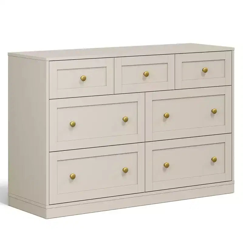 Commode à 7 tiroirs avec poignées dorées – 119 cm (L) x 80,5 cm (H), capacité supérieure de 90 kg, anti-basculement, beige/noir