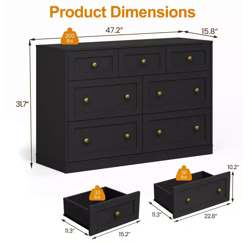 Commode à 7 tiroirs avec poignées dorées – 119 cm (L) x 80,5 cm (H), capacité supérieure de 90 kg, anti-basculement, beige/noir