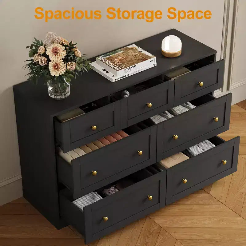 Commode à 7 tiroirs avec poignées dorées – 119 cm (L) x 80,5 cm (H), capacité supérieure de 90 kg, anti-basculement, beige/noir