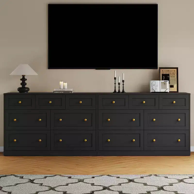 Commode à 7 tiroirs avec poignées dorées – 119 cm (L) x 80,5 cm (H), capacité supérieure de 90 kg, anti-basculement, beige/noir