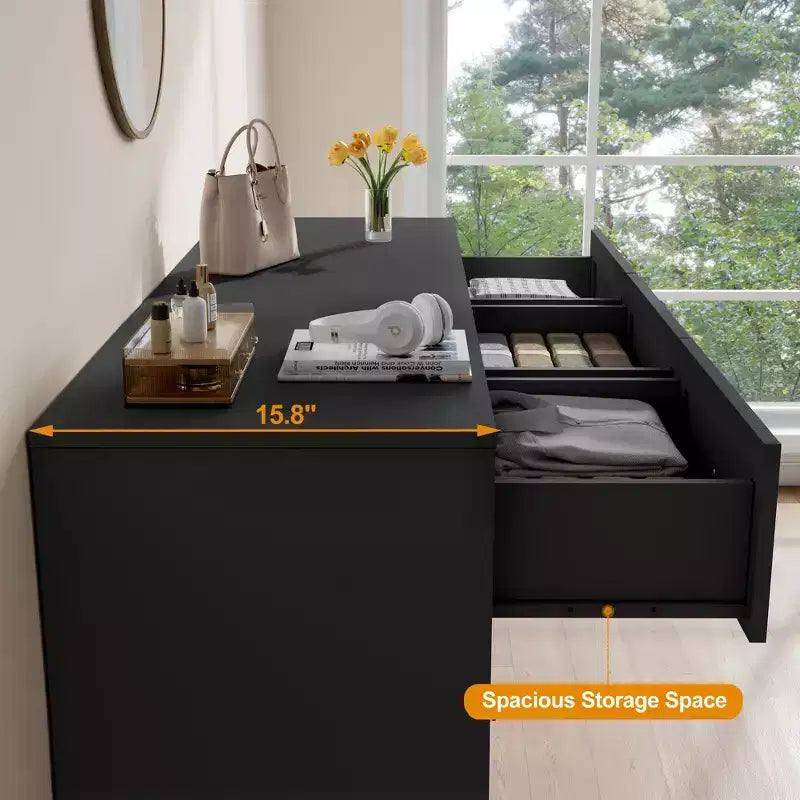 Commode à 7 tiroirs avec poignées dorées – 119 cm (L) x 80,5 cm (H), capacité supérieure de 90 kg, anti-basculement, beige/noir