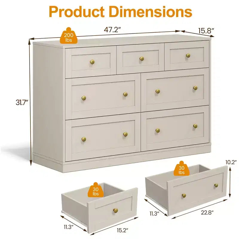Commode à 7 tiroirs avec poignées dorées – 119 cm (L) x 80,5 cm (H), capacité supérieure de 90 kg, anti-basculement, beige/noir
