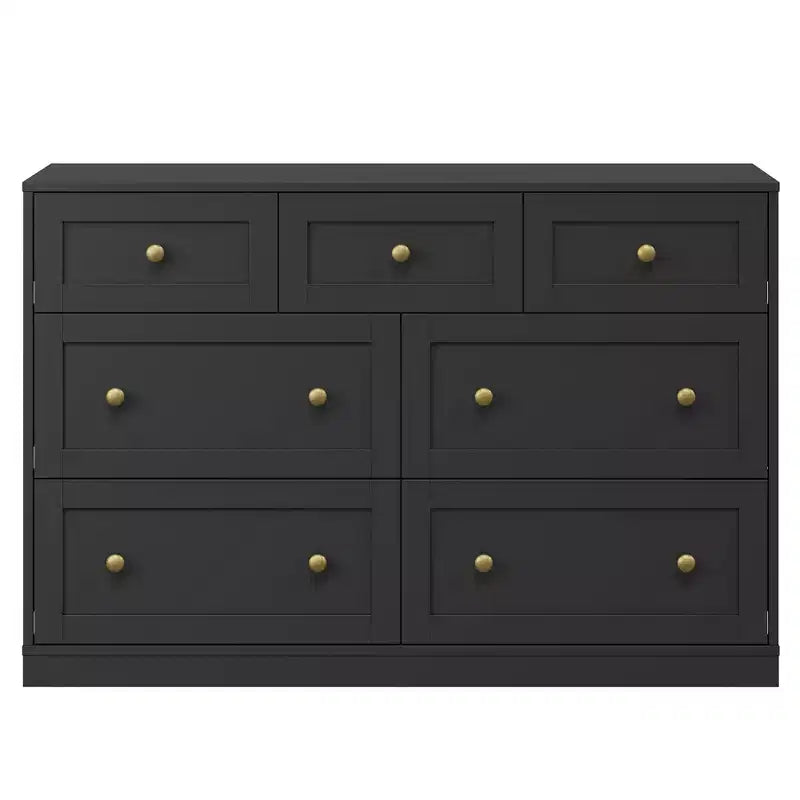 Commode à 7 tiroirs avec poignées dorées – 119 cm (L) x 80,5 cm (H), capacité supérieure de 90 kg, anti-basculement, beige/noir