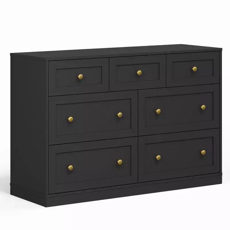 Commode à 7 tiroirs avec poignées dorées – 119 cm (L) x 80,5 cm (H), capacité supérieure de 90 kg, anti-basculement, beige/noir
