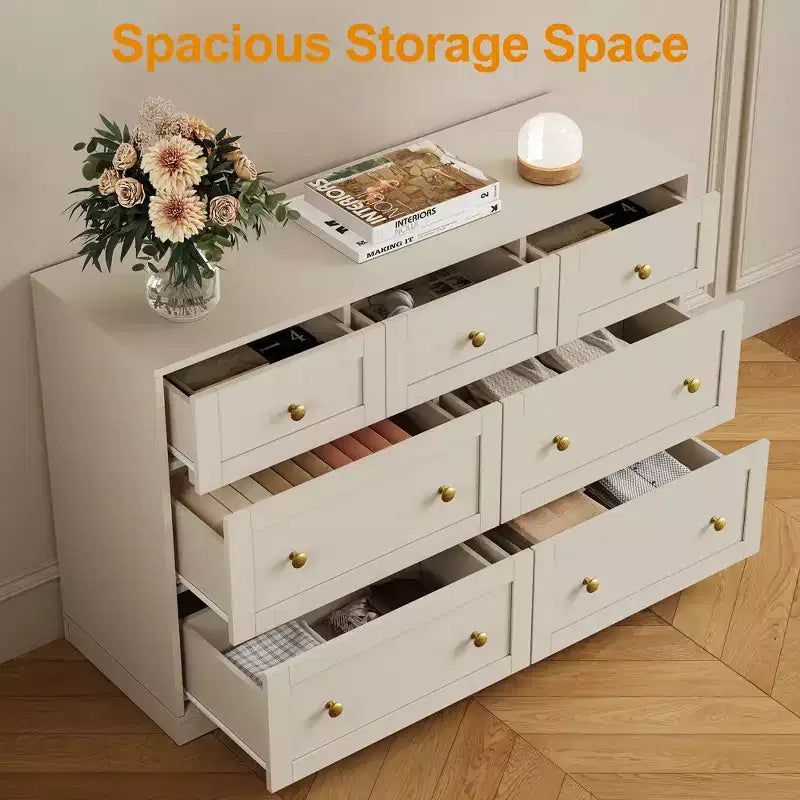 Commode à 7 tiroirs avec poignées dorées – 119 cm (L) x 80,5 cm (H), capacité supérieure de 90 kg, anti-basculement, beige/noir