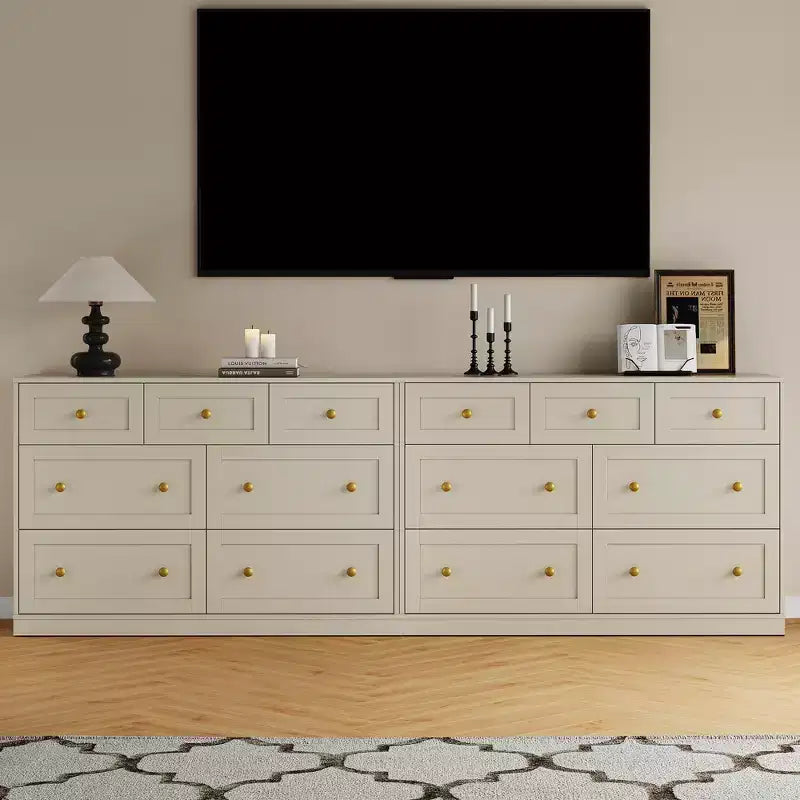 Commode à 7 tiroirs avec poignées dorées – 119 cm (L) x 80,5 cm (H), capacité supérieure de 90 kg, anti-basculement, beige/noir