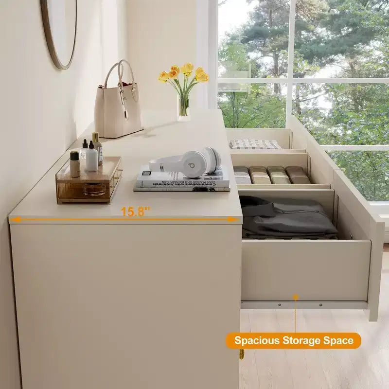 Commode à 7 tiroirs avec poignées dorées – 119 cm (L) x 80,5 cm (H), capacité supérieure de 90 kg, anti-basculement, beige/noir
