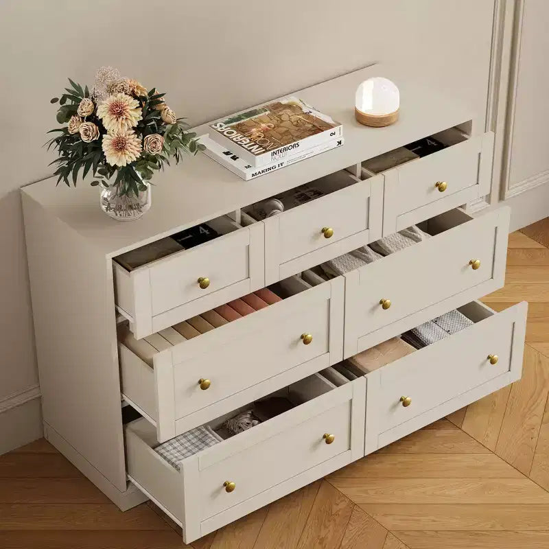 Commode à 7 tiroirs avec poignées dorées – 119 cm (L) x 80,5 cm (H), capacité supérieure de 90 kg, anti-basculement, beige/noir