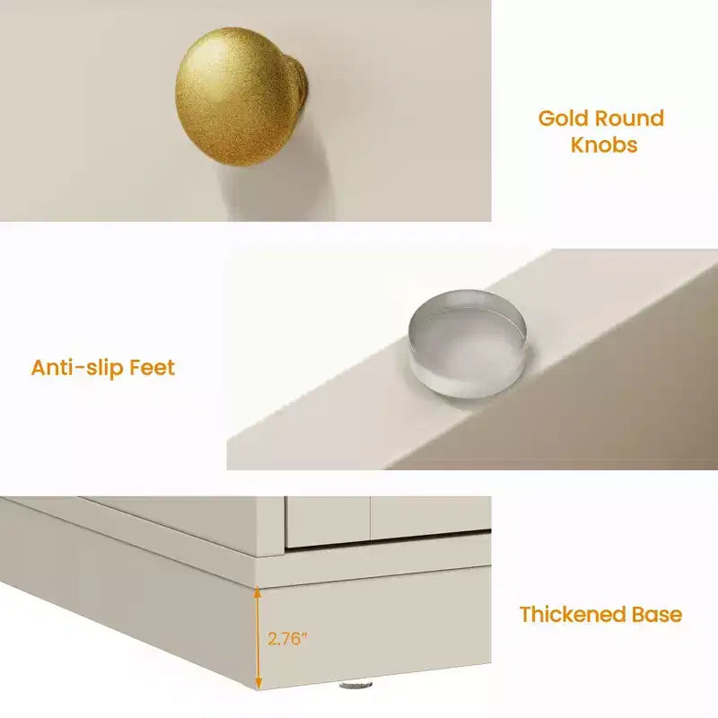 Commode à 7 tiroirs avec poignées dorées – 119 cm (L) x 80,5 cm (H), capacité supérieure de 90 kg, anti-basculement, beige/noir