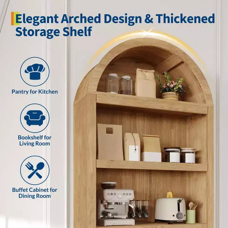 Armoire de rangement arquée de 183 cm de haut avec 5 étagères et doubles portes – Bois composite, Cuisine et Salon