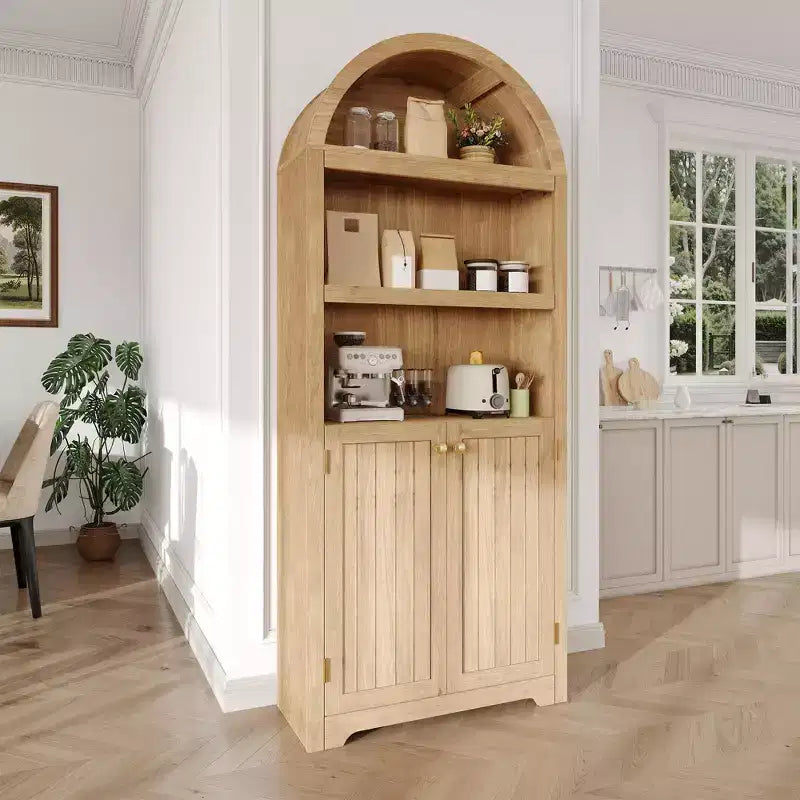 Armoire de rangement arquée de 183 cm de haut avec 5 étagères et doubles portes – Bois composite, Cuisine et Salon