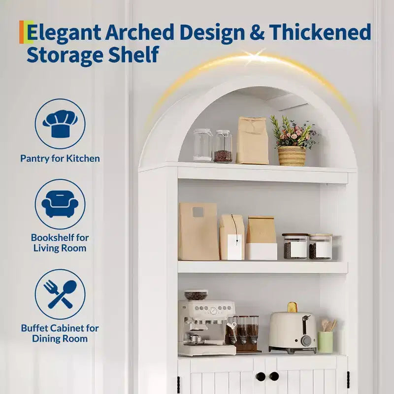Armoire de rangement arquée de 183 cm de haut avec 5 étagères et doubles portes – Bois composite, Cuisine et Salon