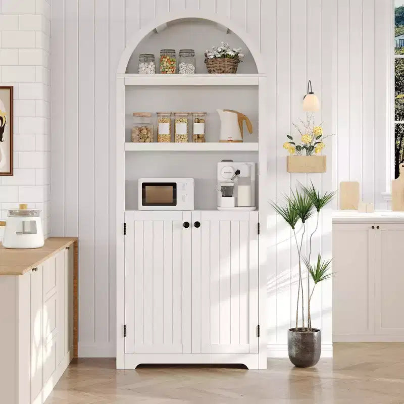 72 Tall Wood Arched Storage CabinetC5-Shelf Kitchen Pantry Cabinet with Doors & Open Shelves, Versatile Standing Bookcase & Cupboard for Living Room