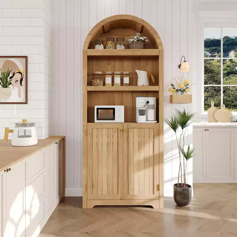 Armoire de rangement arquée de 183 cm de haut avec 5 étagères et doubles portes – Bois composite, Cuisine et Salon