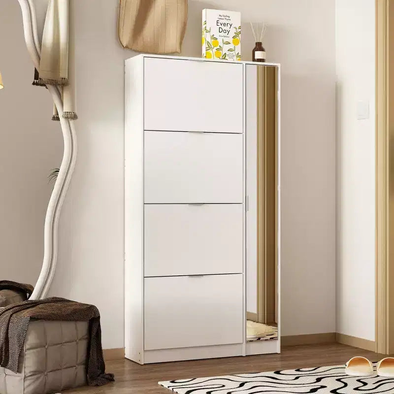 Meuble à chaussures fin avec miroir pleine longueur, 4 tiroirs basculants et 4 étagères latérales – Peut contenir 24 paires, 155 cm de hauteur