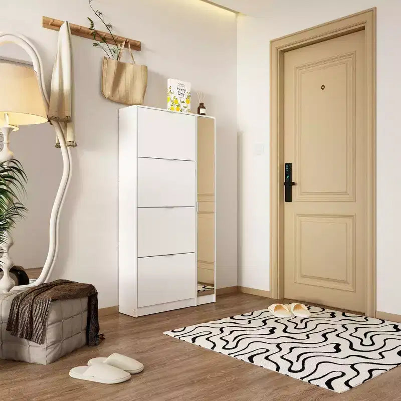 Meuble à chaussures fin avec miroir pleine longueur, 4 tiroirs basculants et 4 étagères latérales – Peut contenir 24 paires, 155 cm de hauteur