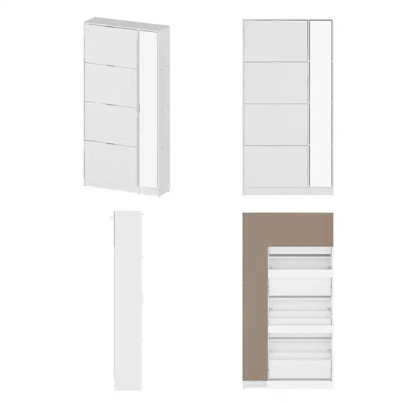 Meuble à chaussures fin avec miroir pleine longueur, 4 tiroirs basculants et 4 étagères latérales – Peut contenir 24 paires, 155 cm de hauteur