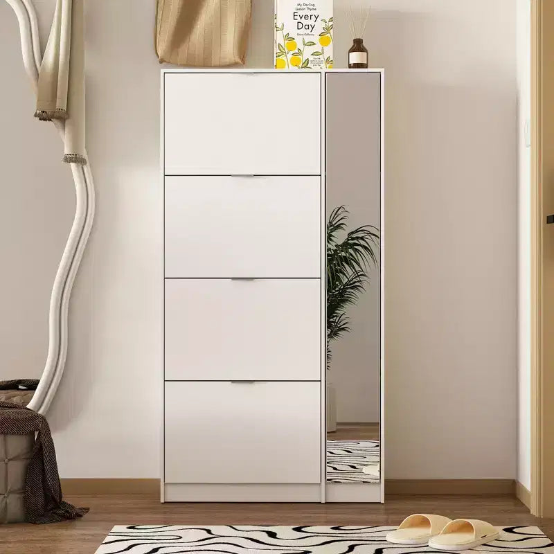 Meuble à chaussures fin avec miroir pleine longueur, 4 tiroirs basculants et 4 étagères latérales – Peut contenir 24 paires, 155 cm de hauteur