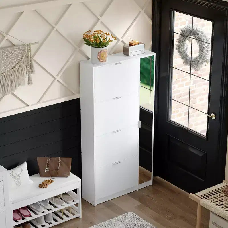 Meuble à chaussures fin avec miroir pleine longueur, 4 tiroirs basculants et 4 étagères latérales – Peut contenir 24 paires, 155 cm de hauteur