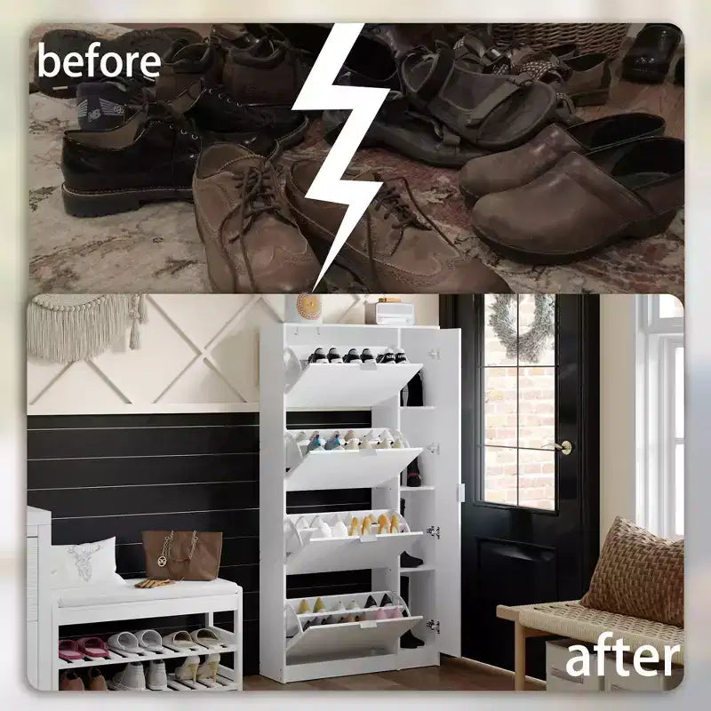 Meuble à chaussures fin avec miroir pleine longueur, 4 tiroirs basculants et 4 étagères latérales – Peut contenir 24 paires, 155 cm de hauteur