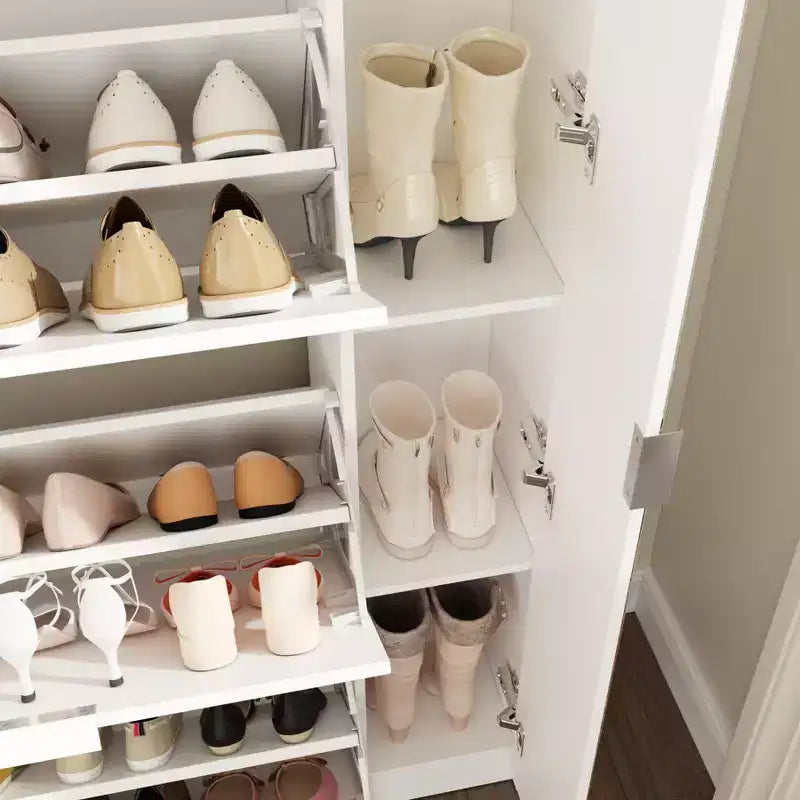 Meuble à chaussures fin avec miroir pleine longueur, 4 tiroirs basculants et 4 étagères latérales – Peut contenir 24 paires, 155 cm de hauteur