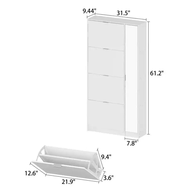 Meuble à chaussures fin avec miroir pleine longueur, 4 tiroirs basculants et 4 étagères latérales – Peut contenir 24 paires, 155 cm de hauteur