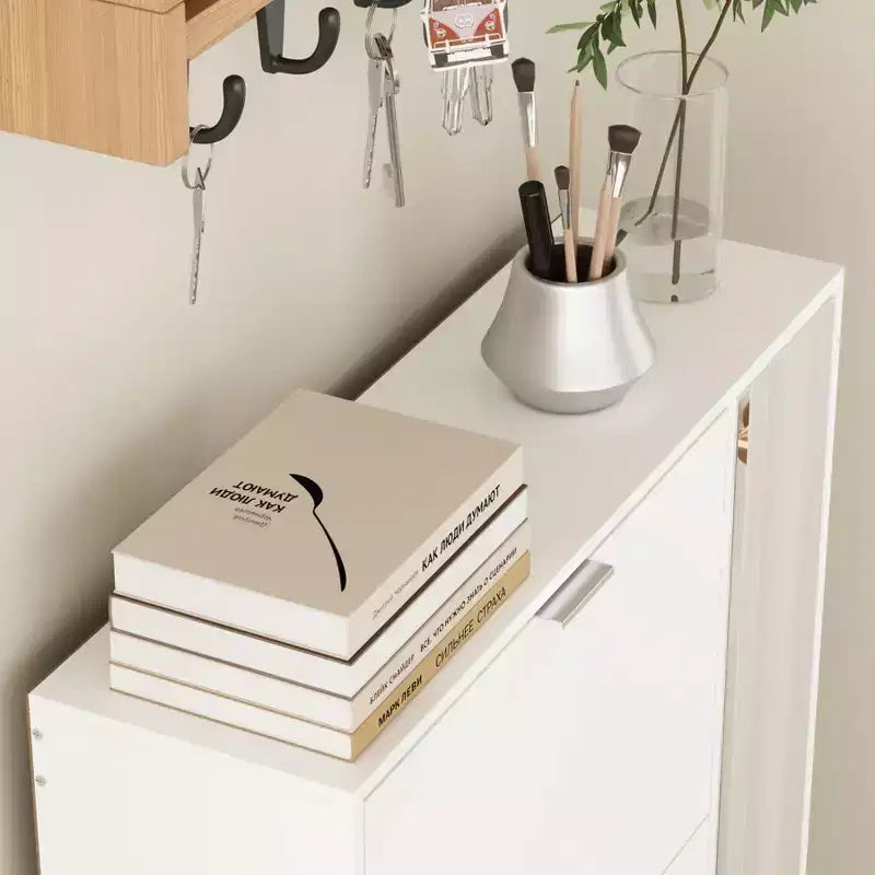 Meuble à chaussures fin avec miroir pleine longueur, 4 tiroirs basculants et 4 étagères latérales – Peut contenir 24 paires, 155 cm de hauteur