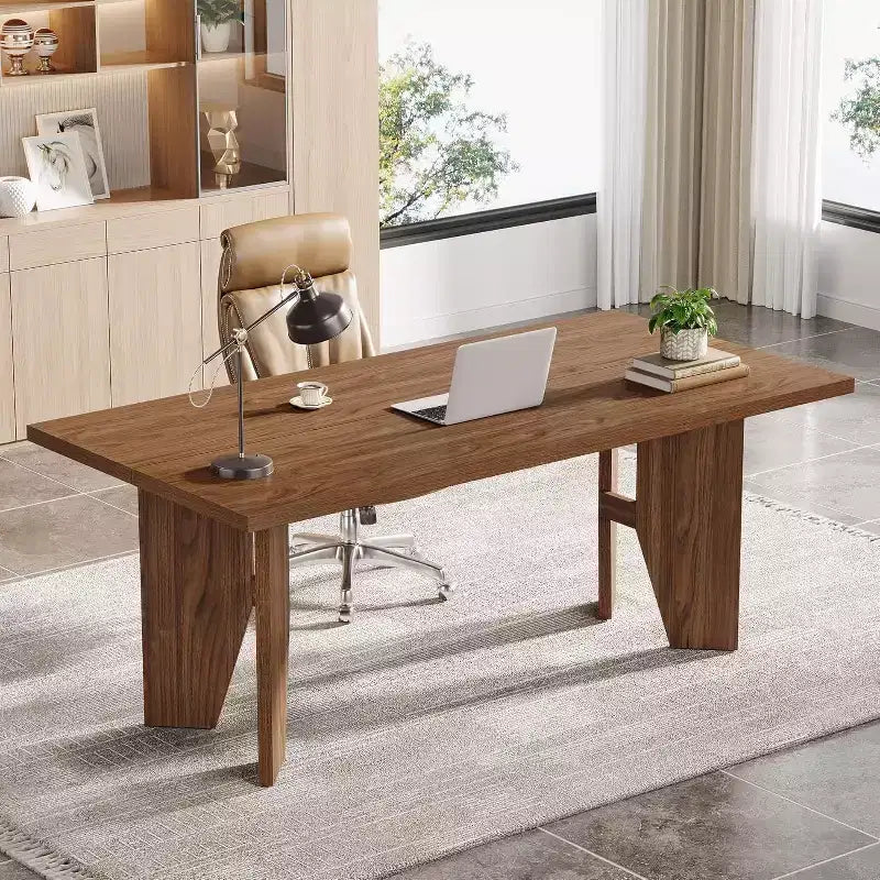 Bureau de direction Mid-Century Modern de 160 cm – MDF, capacité de 136 kg, marron, poste de travail pour bureau à domicile
