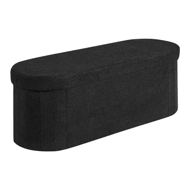 VIYET 45 Black Oval Foldable Teddy Fleece Storage Ottoman Bench, 660LBS for Bedroom/Entryway/Living Room
