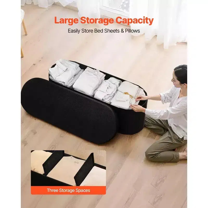 Banc de rangement pliable ovale – Polaire Teddy noire, 300 kg, 3 compartiments, 109 cm (L) x 38 cm (H)