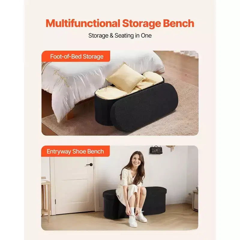 Banc de rangement pliable ovale – Polaire Teddy noire, 300 kg, 3 compartiments, 109 cm (L) x 38 cm (H)