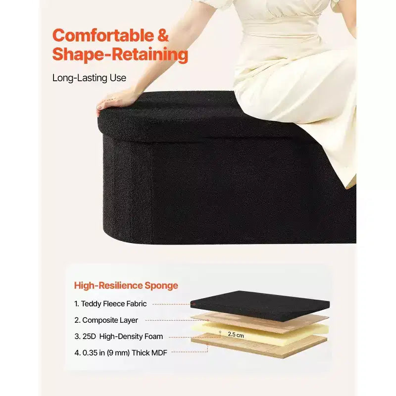 Banc de rangement pliable ovale – Polaire Teddy noire, 300 kg, 3 compartiments, 109 cm (L) x 38 cm (H)