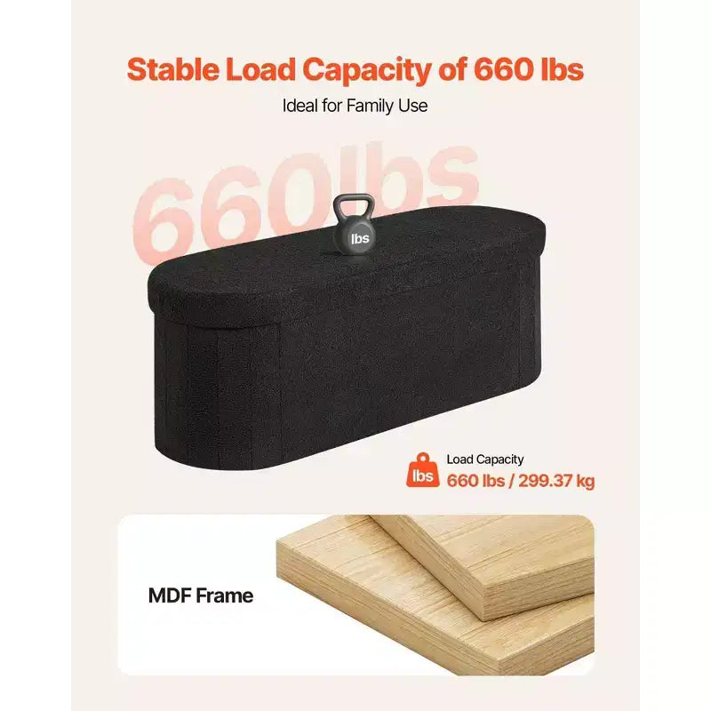 Banc de rangement pliable ovale – Polaire Teddy noire, 300 kg, 3 compartiments, 109 cm (L) x 38 cm (H)