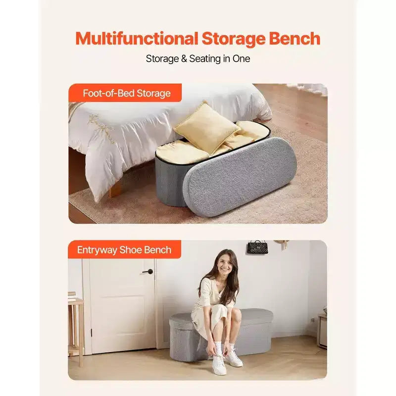 Banc ottoman de rangement ovale pliable – Polaire teddy gris, 300 kg, 3 compartiments, 109 cm (L) x 38 cm (H)