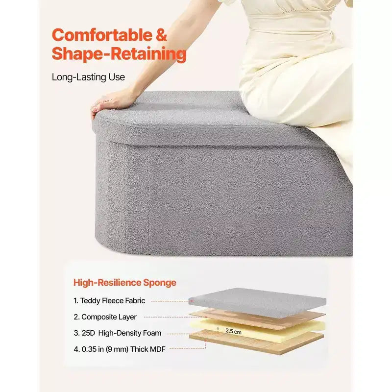 Banc ottoman de rangement ovale pliable – Polaire teddy gris, 300 kg, 3 compartiments, 109 cm (L) x 38 cm (H)