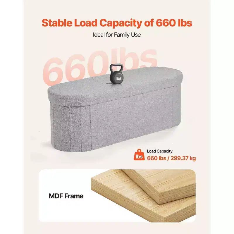 Banc ottoman de rangement ovale pliable – Polaire teddy gris, 300 kg, 3 compartiments, 109 cm (L) x 38 cm (H)